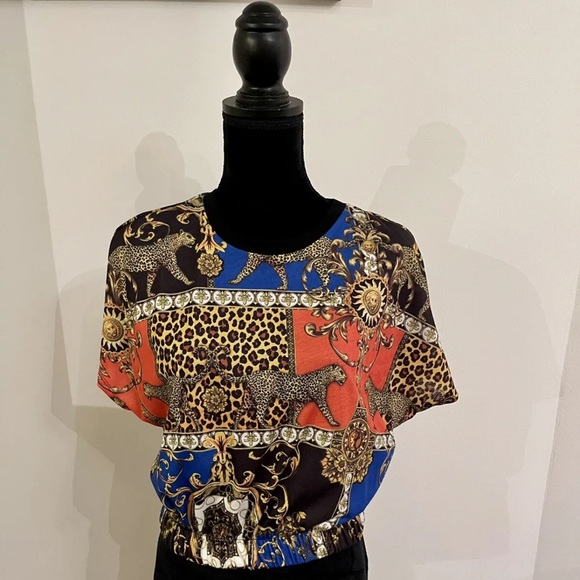 Asos Animal Chain Print Colorful Short Sleeve Crop Top Size 10 Medium - Picture 1 of 8